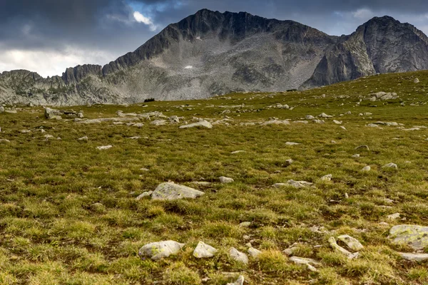 Prairie verte et nuages au-dessus du sommet de Kamenitsa, montagne Pirin — Photo