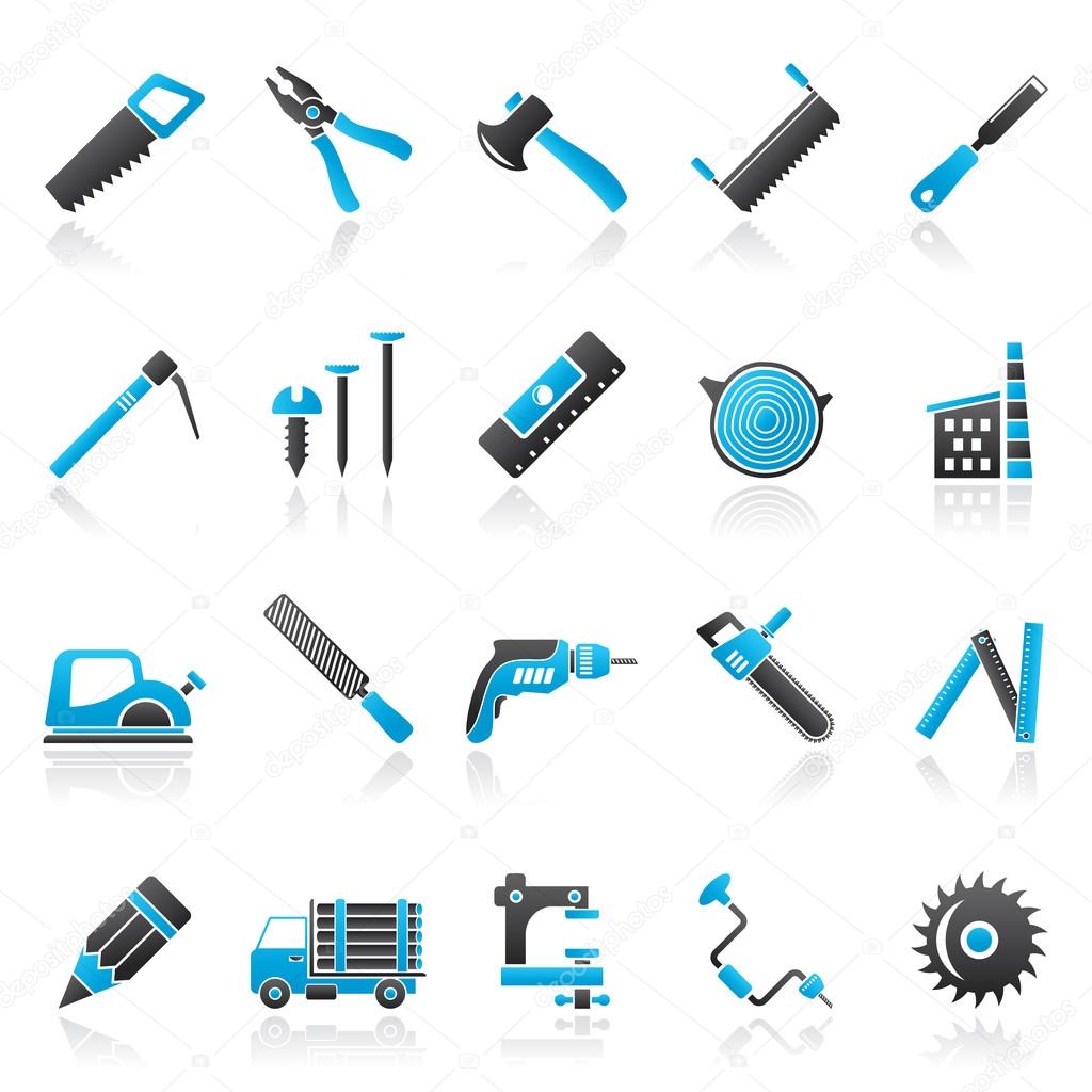Carpentry, logging and woodworking icons