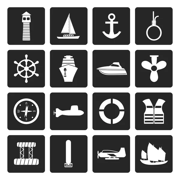 Black Simple Marine, Sailing and Sea Icons — Stock Vector