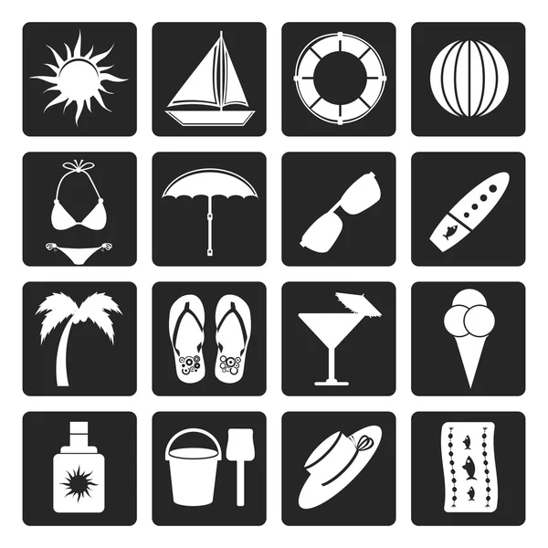 Iconos negros de verano y vacaciones — Vector de stock