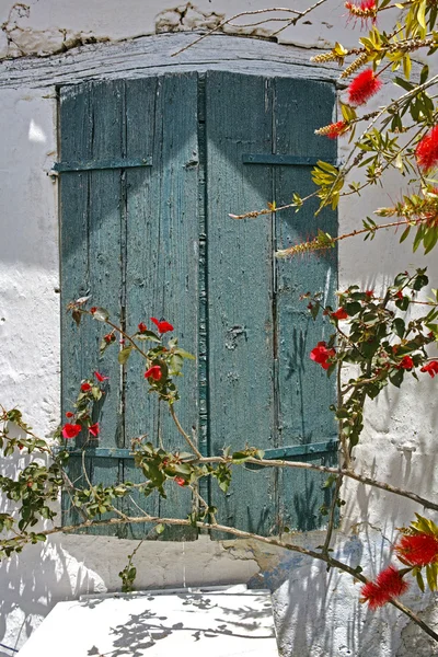Finestra della casa medievale con fiori, isola di Zante — Foto Stock