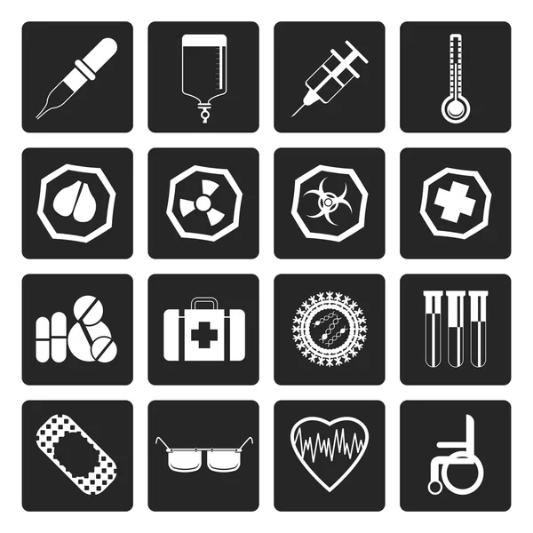 Svart enkel medicinsk tema ikoner och varningsskyltar — Stock vektor