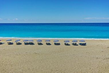 Umbrellas lined up on the Katisma Beach, Lefkada