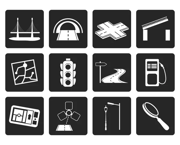 Black Road, navigation and travel icons — Stock Vector