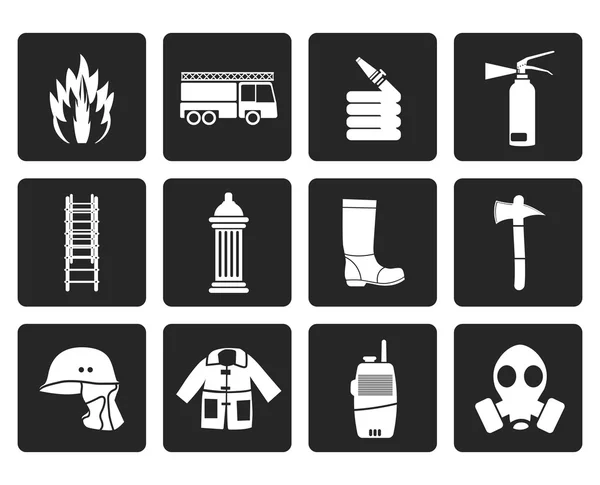 Ícones de equipamentos de bombeiros e bombeiros negros —  Vetores de Stock