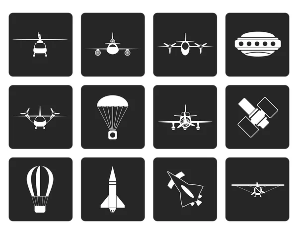 Negro diferentes tipos de ilustraciones de aviones e iconos — Vector de stock