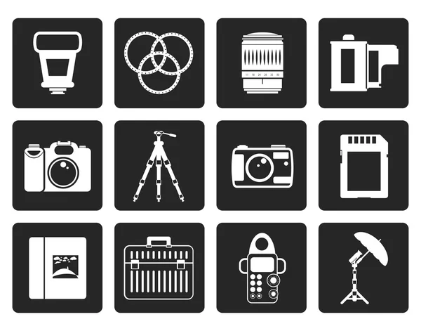 Ícones de equipamentos de fotografia preto —  Vetores de Stock