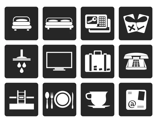 Iconos de hotel y motel negro — Vector de stock