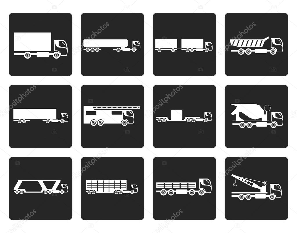 Black different types of trucks and lorries icons