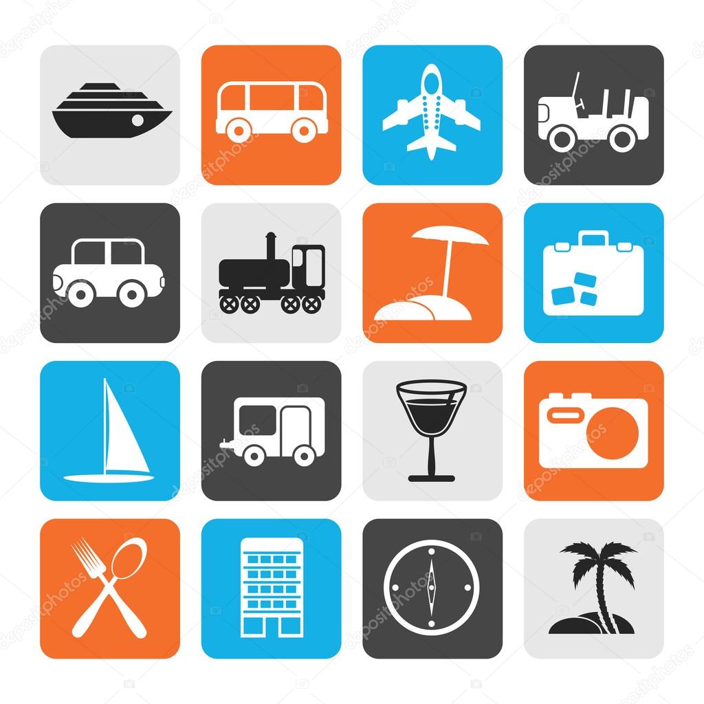 Flat Travel, transportation, tourism and holiday icons