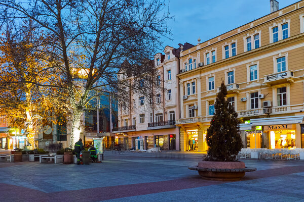 Night photo of Central Street of city of Plovdiv, Bulgaria