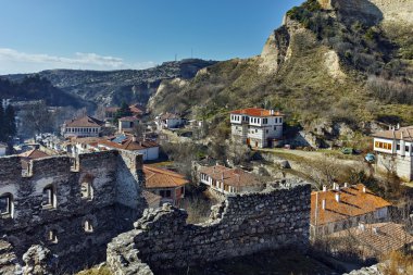 Ruins of Byzantine fortress and Panoramic view to Melnik town, Bulgaria clipart