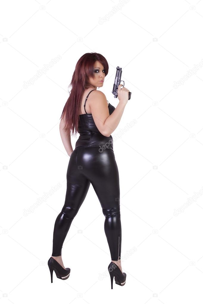Sexy girl with guns isolated on white background