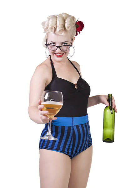 Woman in pin-up dress drinking - Isolated — Stock Photo, Image