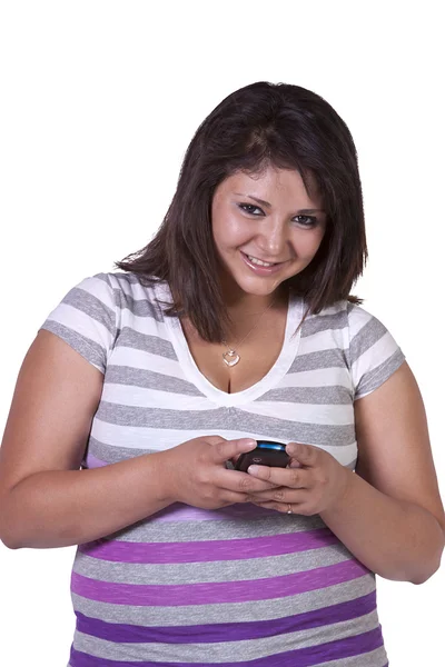 Piękna dziewczyna SMS-y na biały bakground — Zdjęcie stockowe