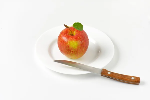 Мытое красное яблоко на тарелке — стоковое фото