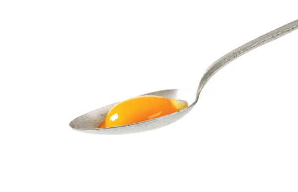 Raw egg yolk on spoon — Stock Photo, Image