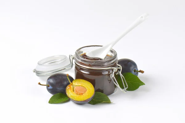 Jar of plum butter — Stock Photo, Image