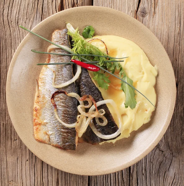 Pfanne gebratene Forelle mit Kartoffelpüree — Stockfoto