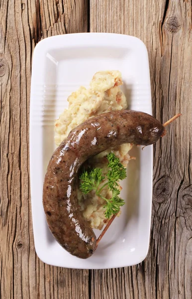 White pudding and mashed potato with peeled barley — Stock Photo, Image