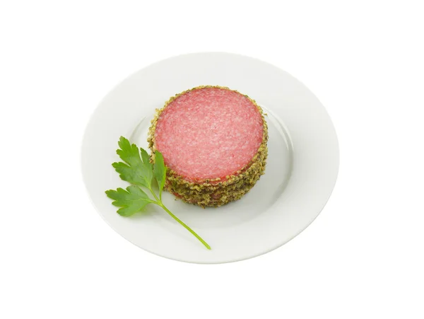 Skivor av peppar belagda salami — Stockfoto