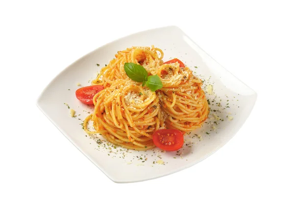 Spaghetti with tomato pesto and parmesan — Stock Photo, Image