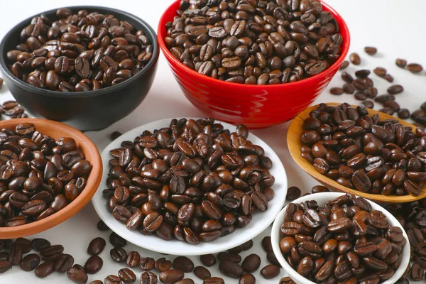 Roasted Coffee Beans Various Bowls Plate — Stock Photo, Image