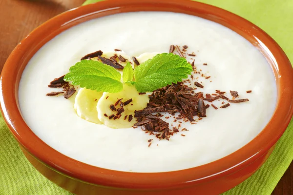 Pureed Rice Pudding with banana and chocolate — Stock Photo, Image
