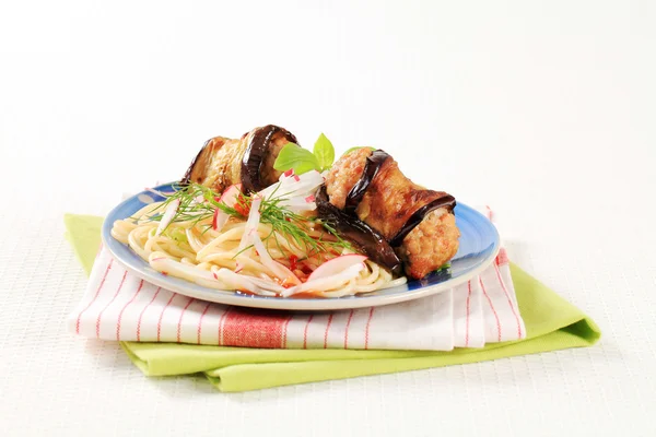 Eggplant wrapped meatballs with spaghetti — Stock Photo, Image