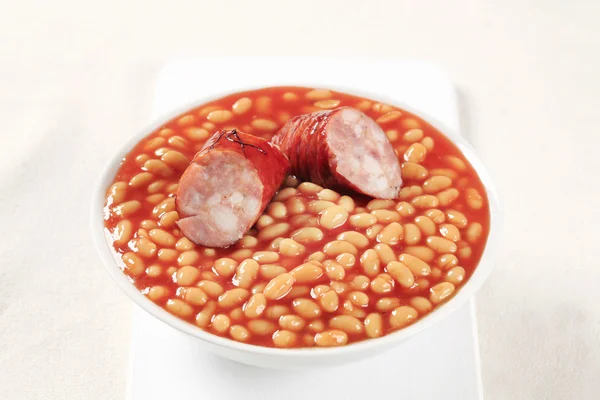 Baked beans and sausage — Stock Photo, Image