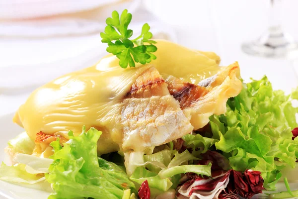 Filetes de peixe com cobertura de queijo com salada — Fotografia de Stock