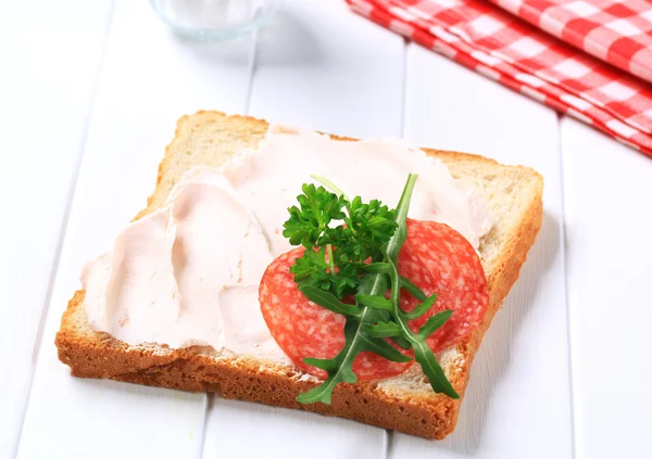Bread with ham spread and salami — Stock Photo, Image