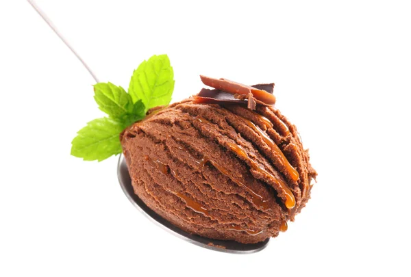 Chocolate ice cream on spoon — Stock Photo, Image