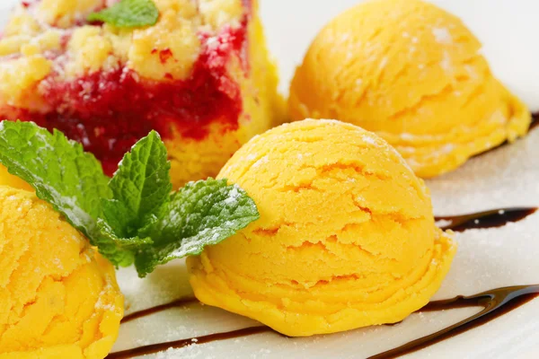 Malinový dort se zmrzlinou a šlehačkou — Stock fotografie