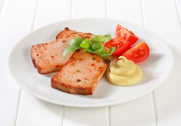 Pan-fried Leberkase with mustard — Stock Photo, Image