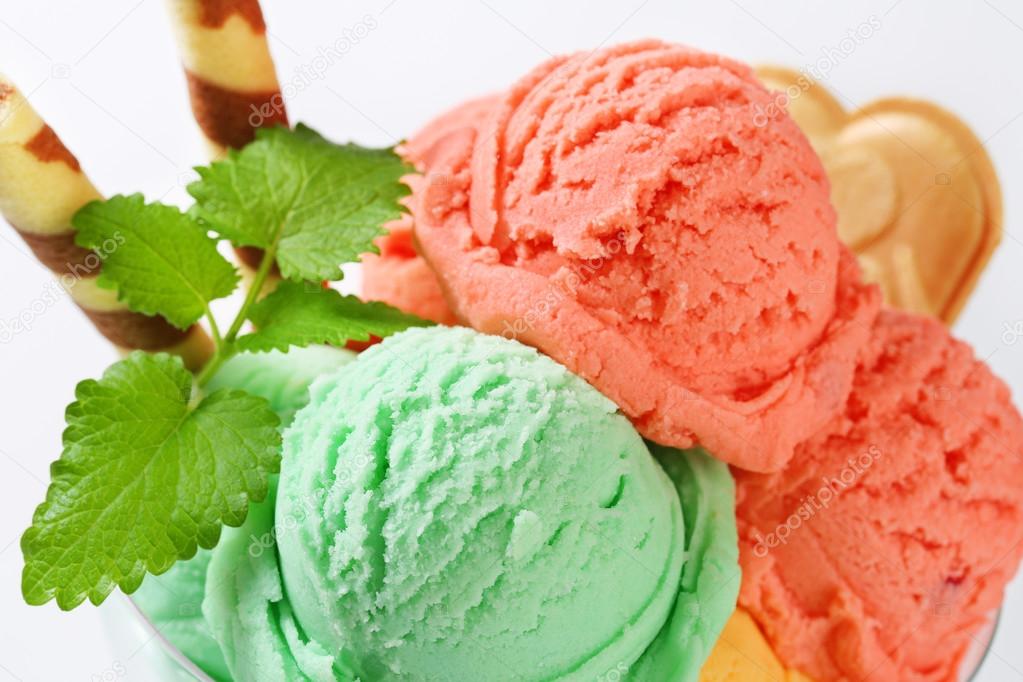 Fruit sherbets in ice cream coupe — Stock Photo © ajafoto 77846926