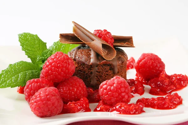 Mini chocolate cake with fresh raspberries — Stock Photo, Image