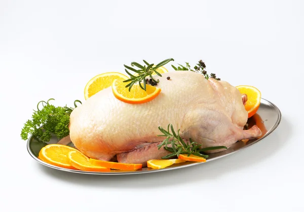 Rohe Ente mit Orangenscheiben und Kräutern auf Tablett — Stockfoto