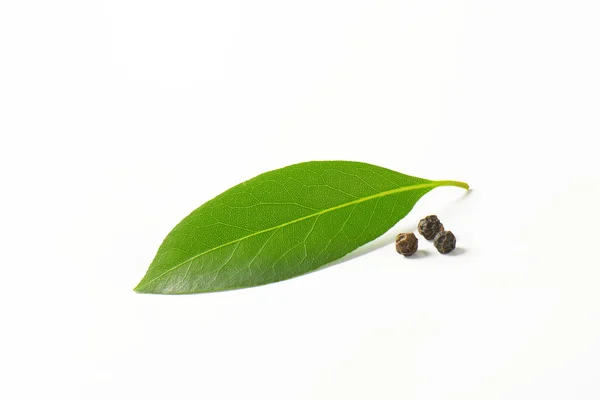 Hoja de laurel fresca y granos de pimienta negra — Foto de Stock