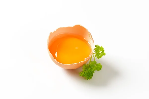 Gălbenușul de ou crud în coajă ruptă — Fotografie, imagine de stoc