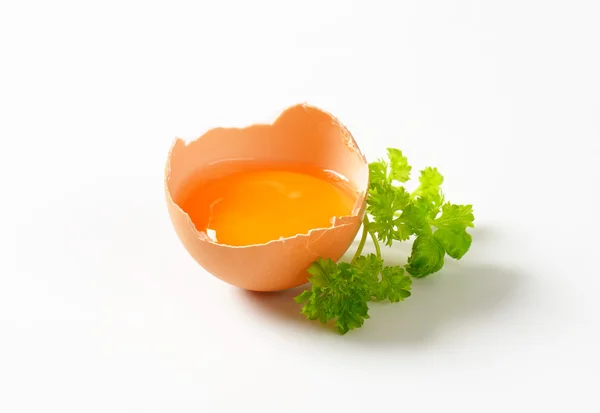 Raw egg yolk in broken shell — Stock Photo, Image