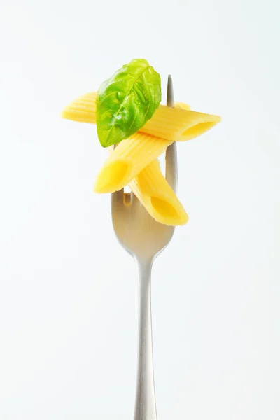 Cooked penne pasta on a fork — Stock Photo, Image