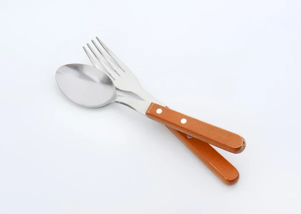 Wooden-handled fork and spoon — Stock Photo, Image