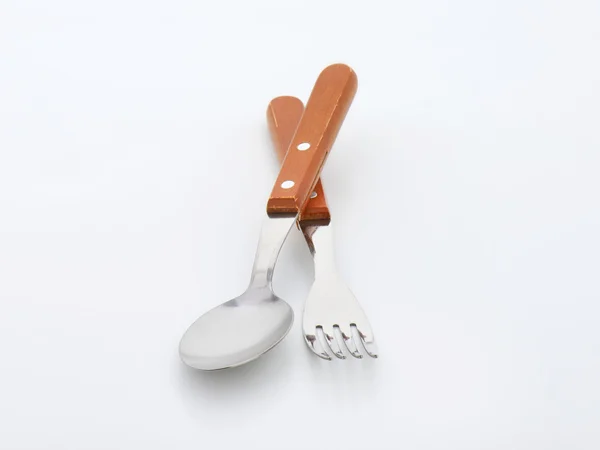 Wooden-handled fork and spoon — Stock Photo, Image