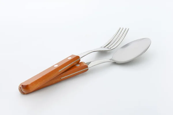 Wooden-handled fork and spoon — Stock Photo, Image