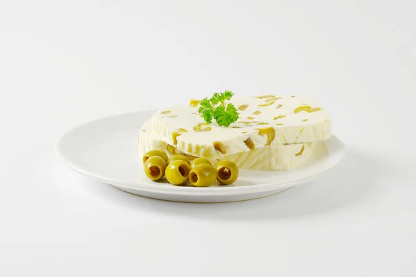 Fresh cheese with olives — Stock Photo, Image