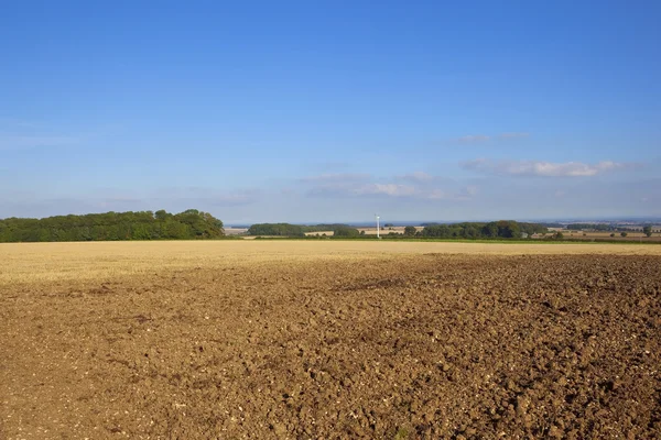 Plöjde område med vindkraftverk — Stockfoto