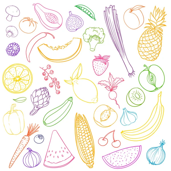 Vetor de mão de frutas e legumes desenhados — Vetor de Stock
