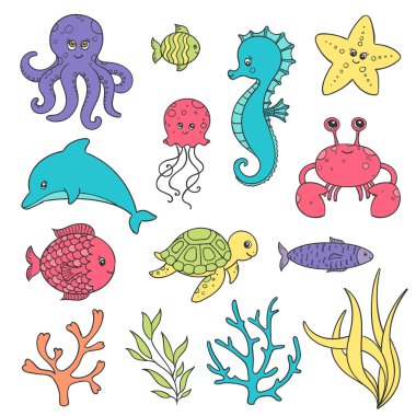 Deniz hayat yaratıklar vektör şirin el çekilmiş