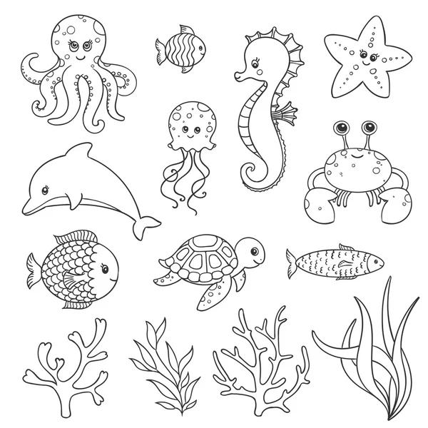 Vettoriale carino disegnato a mano creature di vita marina — Vettoriale Stock